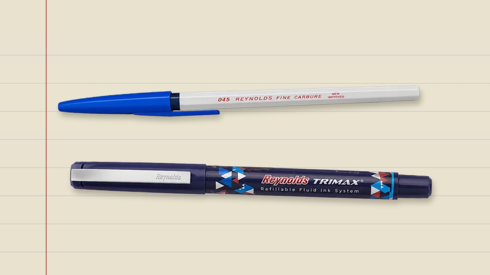 A Reynolds 045 and a Reynolds Trimax laid on ruled paper, the 045 above, the Trimax below.