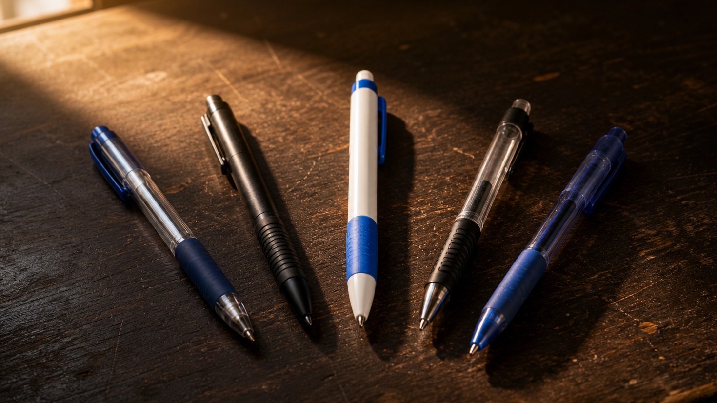 Five school pens lined up on a wooden desk, with a white-and-blue pen at the front.