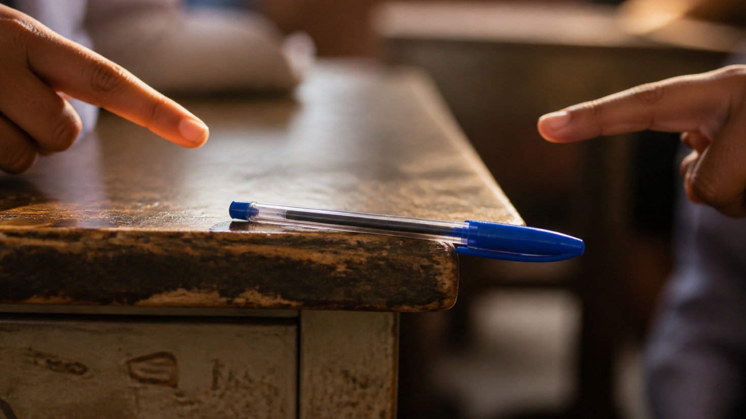 A school pen balanced at the edge of a desk while two players point at the disputed call.