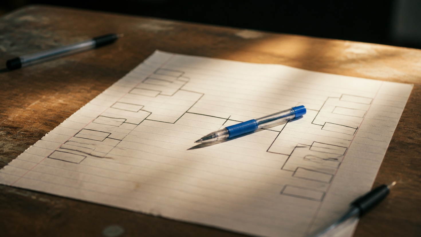 A blue school pen resting on a hand-drawn knockout tournament bracket.