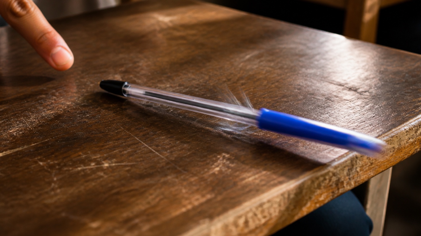 A school pen being flicked towards another pen near the edge of a wooden desk.