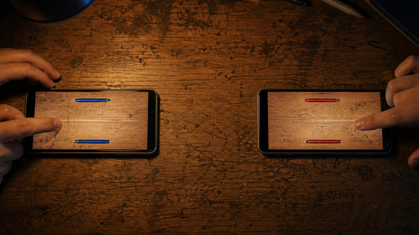 Two phones connected to the same online pen fight desk by an invite link.