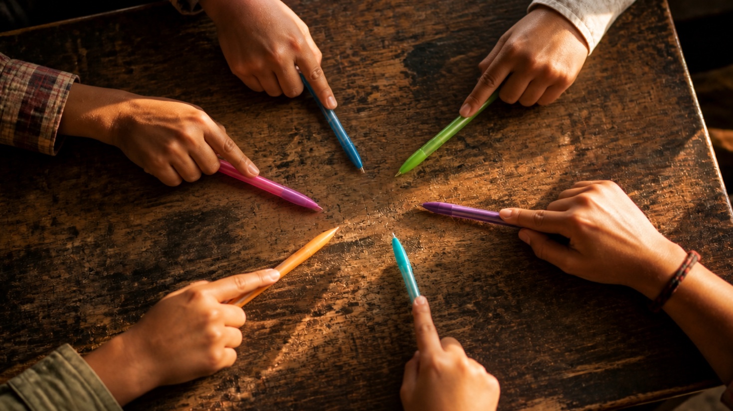 Six players gathering around a wooden desk with a different pen ready for each player.